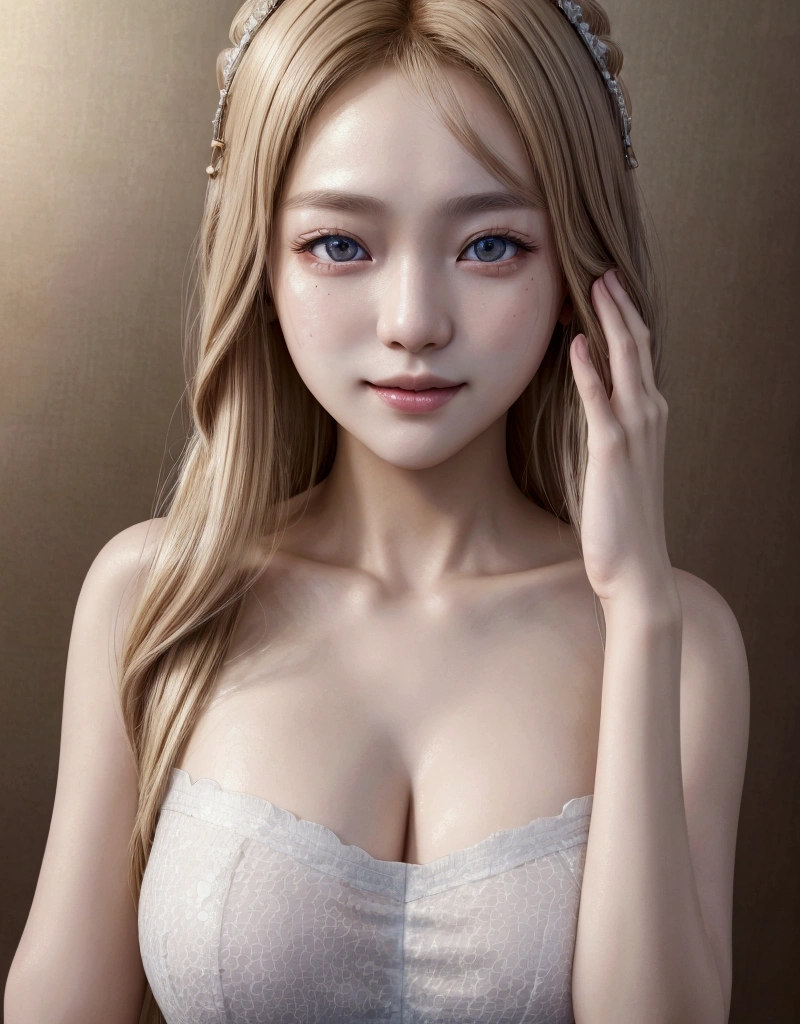 ((masterpiece)), ((best quality)), ((high resolution)), ((Extremely detailed CG unity 8k wallpaper)), A Chinese girl,,White clothes,Ray Tracing,Dazzling blonde hair,Light brown eyes,Smile,Face it head-on