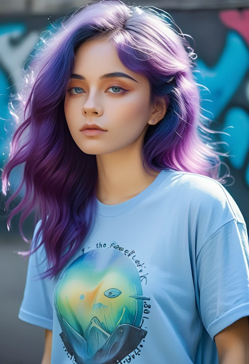 best quality,watercolor,ink,Oil Pen,painting,Upper body portrait,The original essence of the tattoo street style icon,Rebellious energy,Wear an oversized t-shirt with a logo,Vibrant graffiti as background,Avant-garde fashion,Feeling,Confident appearance,Colorful hair,light through the mist,(1 girl),Long curly hair,blue eyes,A small smile