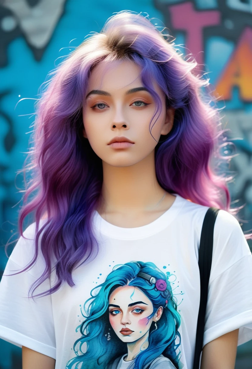 best quality,watercolor,ink,Oil Pen,painting,Upper body portrait,The original essence of the tattoo street style icon,Rebellious energy,Wear an oversized t-shirt with a logo,Vibrant graffiti as background,Avant-garde fashion,Feeling,Confident appearance,Colorful hair,light through the mist,(1 girl),Long curly hair,blue eyes,A small smile