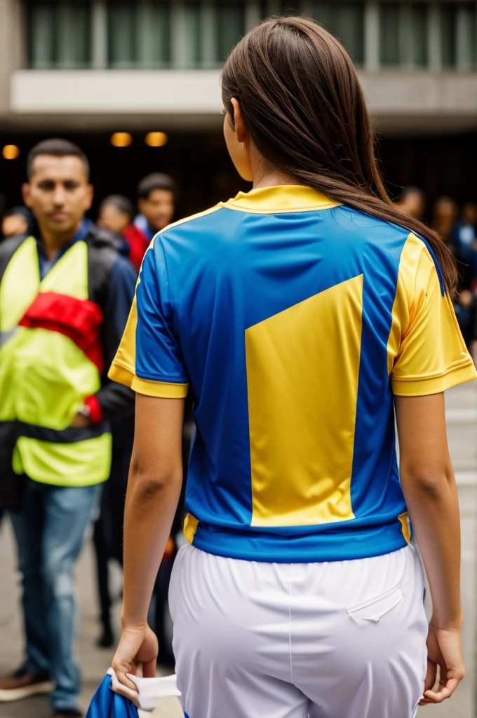 Woman from behind with the Colombia national team shirt, brown hair in layers with the name Lina and number 10