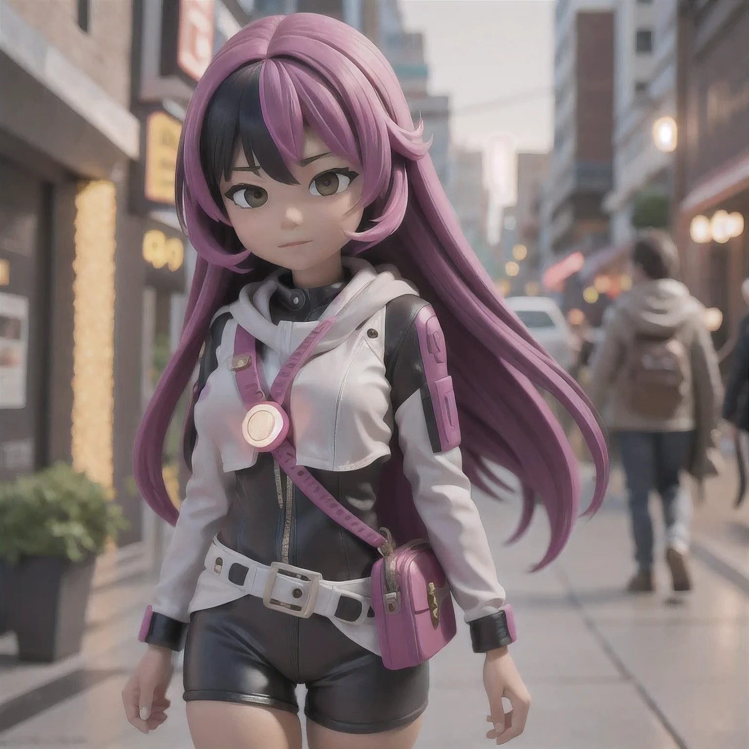 fish
1girl
bangs
blurry
blurry background
blurry foreground
breasts
brown eyes
closed mouth
depth of field
gun
long hair
looking at viewer
mecha
mole
motion blur
multicolored hair
pink hair
smile
solo
thigh strap