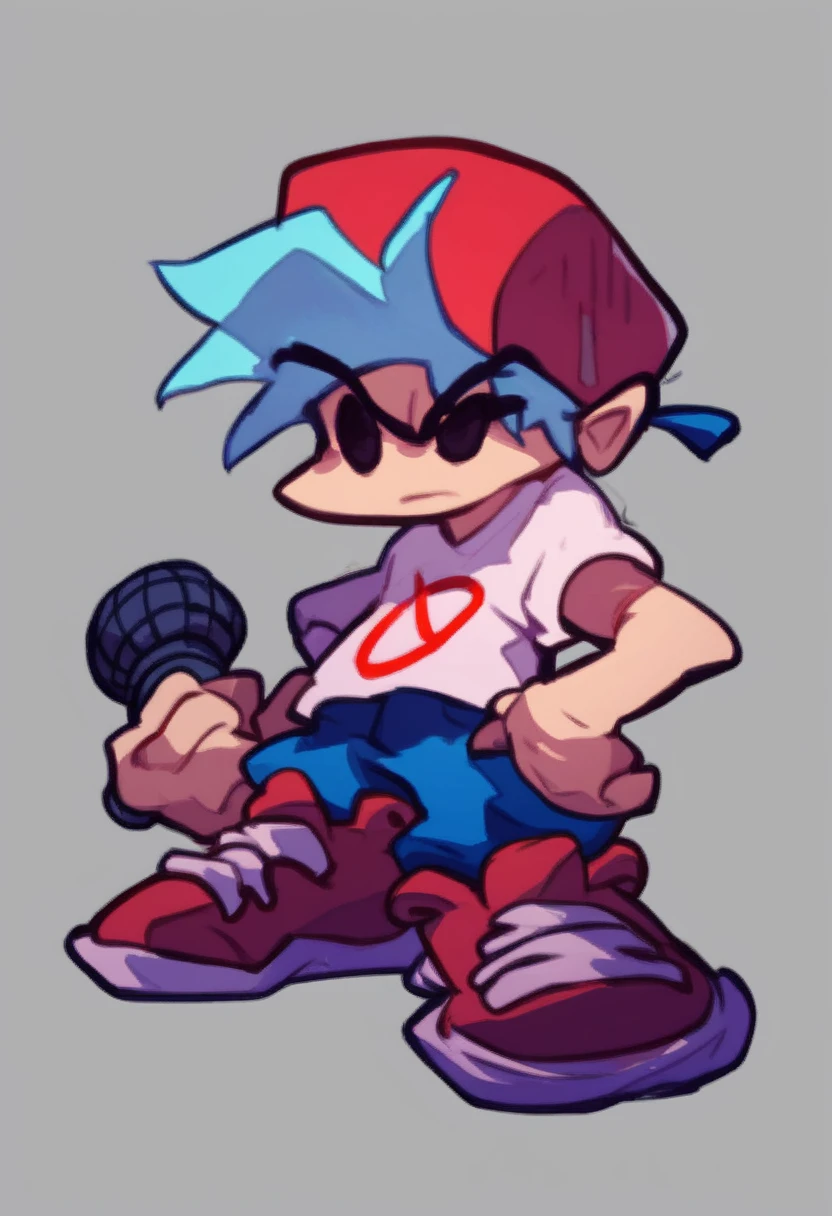 boyfriend_fnf, solo, simple background, shirt, 1boy, hat, holding, blue hair, full body, male focus, shoes, pants, red footwear, sneakers, microphone, holding microphone, black eyes,