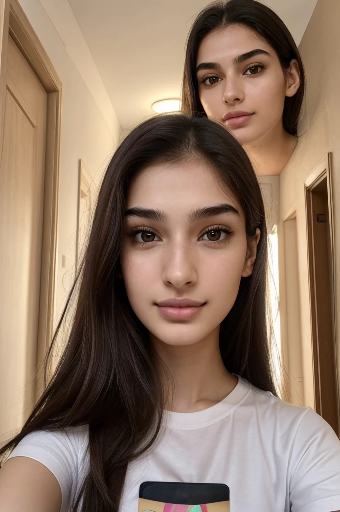 ((Front facing camera selfie)), 18 yo girl named Zahra Amiri, (straight nose), (prominent nose bridge), (female face golden ratios), long dense dark brown hair, (pale skin:1.25), (hazel eyes), thin eyebrows, high cheekbones, beautiful plump lips, big natural breasts, wearing tshirt, apartment background, smirk
