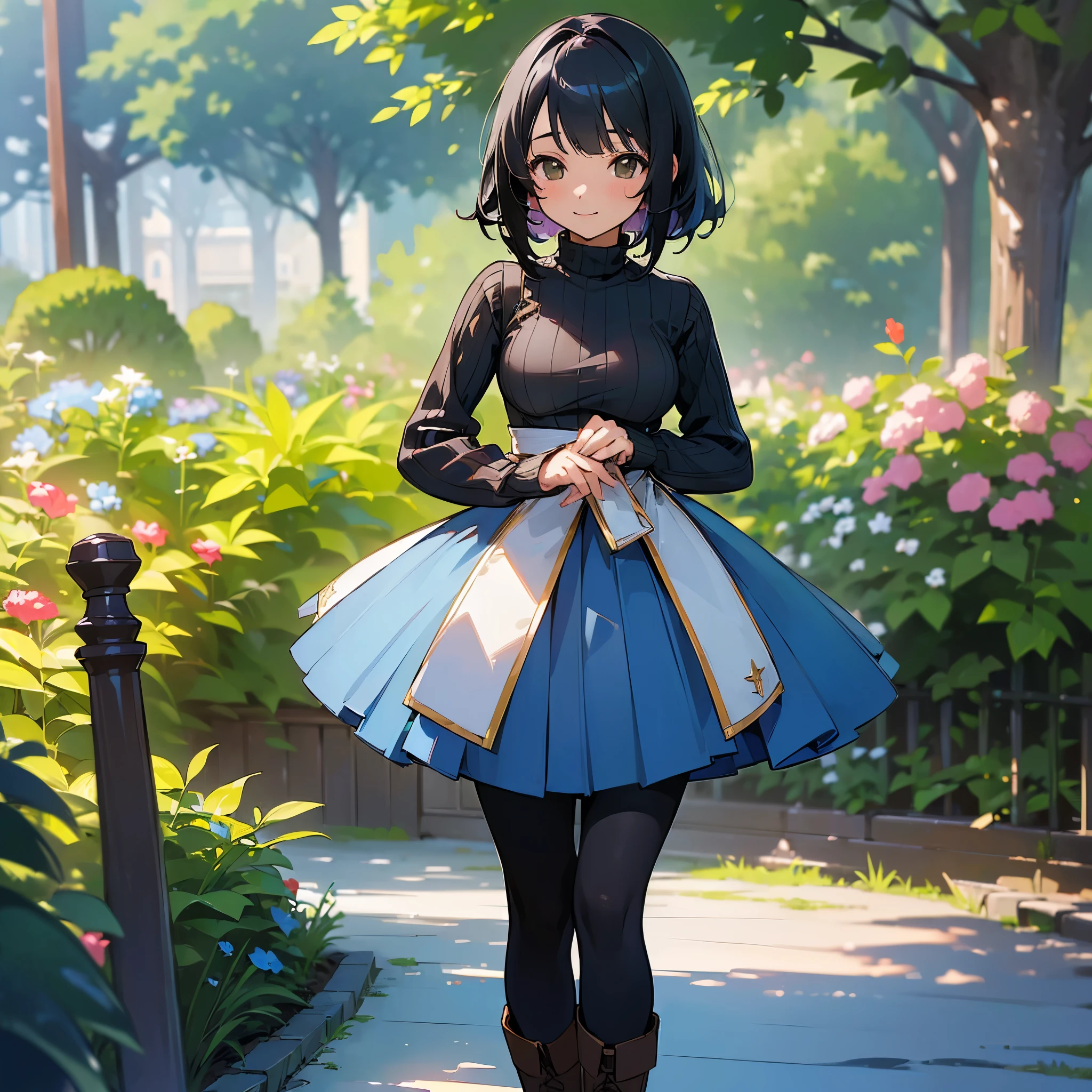 (high quality, High resolution, Very detailed, reality:1.37), Peaceful atmosphere, (Outdoor, garden), Teenage girl standing alone, (my breasts are big.), Beautiful details, Cute Smile, (Black bob hair), Ribbed sweater, Blue Skirt, Black tights, Brown boots.