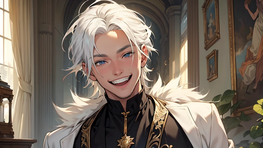 ((best quality)), ((work of art)), ((detailed)), young man with white hair, laughing heartily, smiling