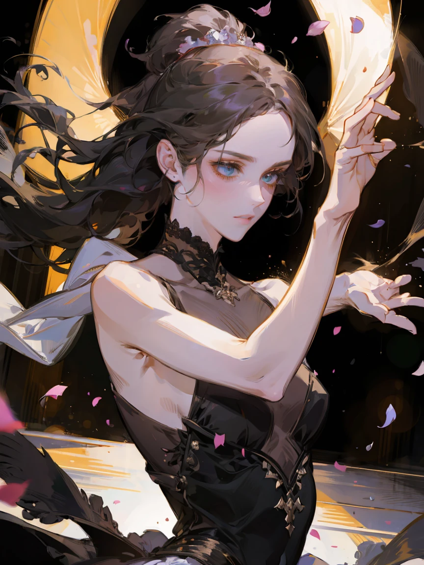 Girl ballerina black swan. A Tragic Scene, dynamic pose, Stage lighting, flower petals in the air, absurdity