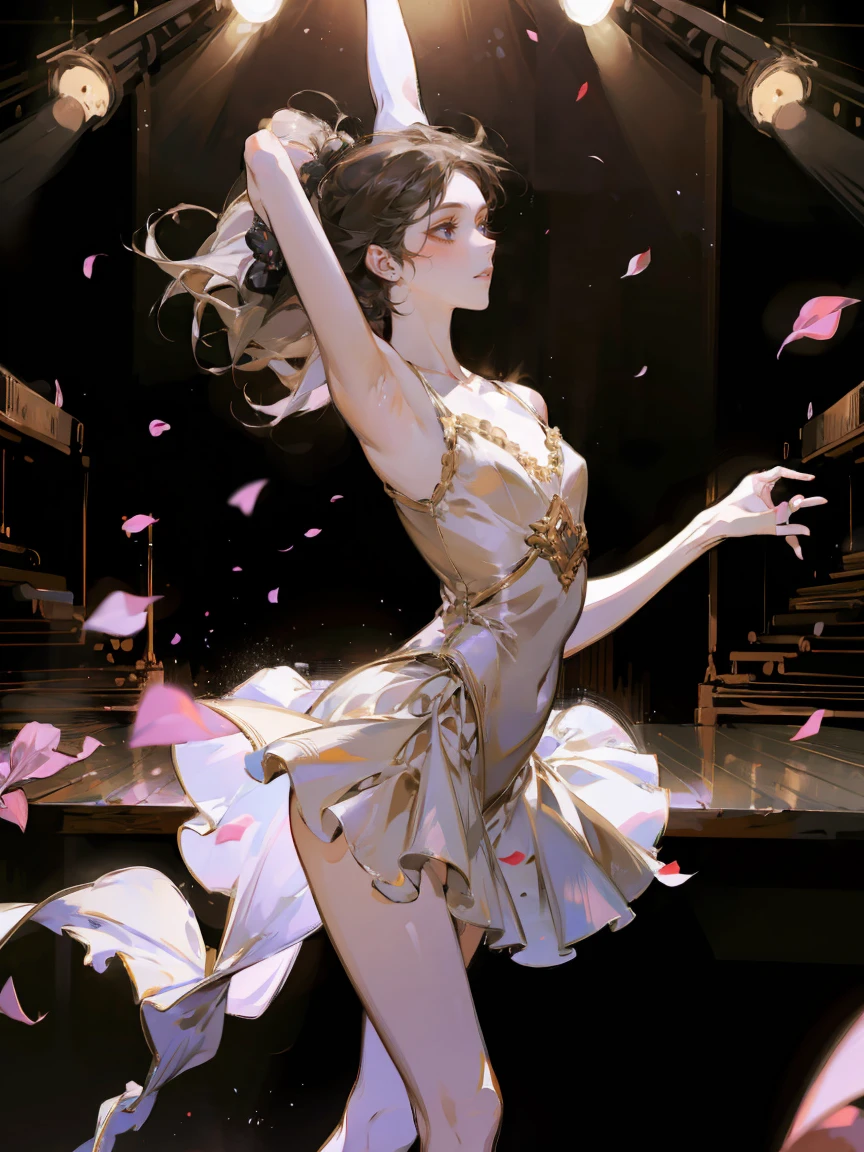 Girl ballerina black swan. A Tragic Scene, dynamic pose, Stage lighting, flower petals in the air, absurdity