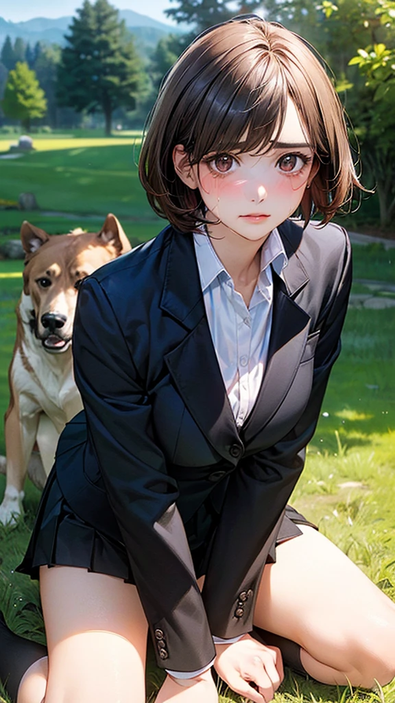 (masterpiece:1.2, top-quality), (realistic, photorealistic:1.4), beautiful illustration, (natural side lighting, movie lighting),
looking at viewer, cowboy shot, front view, 1 girl, japanese, high school girl, perfect face, cute and symmetrical face, shiny skin,
(short hair:1.2, bob cut:1.2, brown hair), swept bangs, dark brown eyes, long eye lasher, (large breasts:0.6, seductive thighs),
beautiful hair, beautiful face, beautiful detailed eyes, beautiful clavicle, beautiful body, beautiful chest, beautiful thigh, beautiful legs, beautiful fingers,
(((black blazer, close blazer), long sleeve white collared shirts, black pleated skirt, black socks)),
(beautiful scenery), A girl is on all fours in the grass in the meadow. She is carrying a large dog on her back and mating with it.
Her face is bright red and flushed, her brow is furrowed, and she looks like she is about to cry.
The skirt is very short.