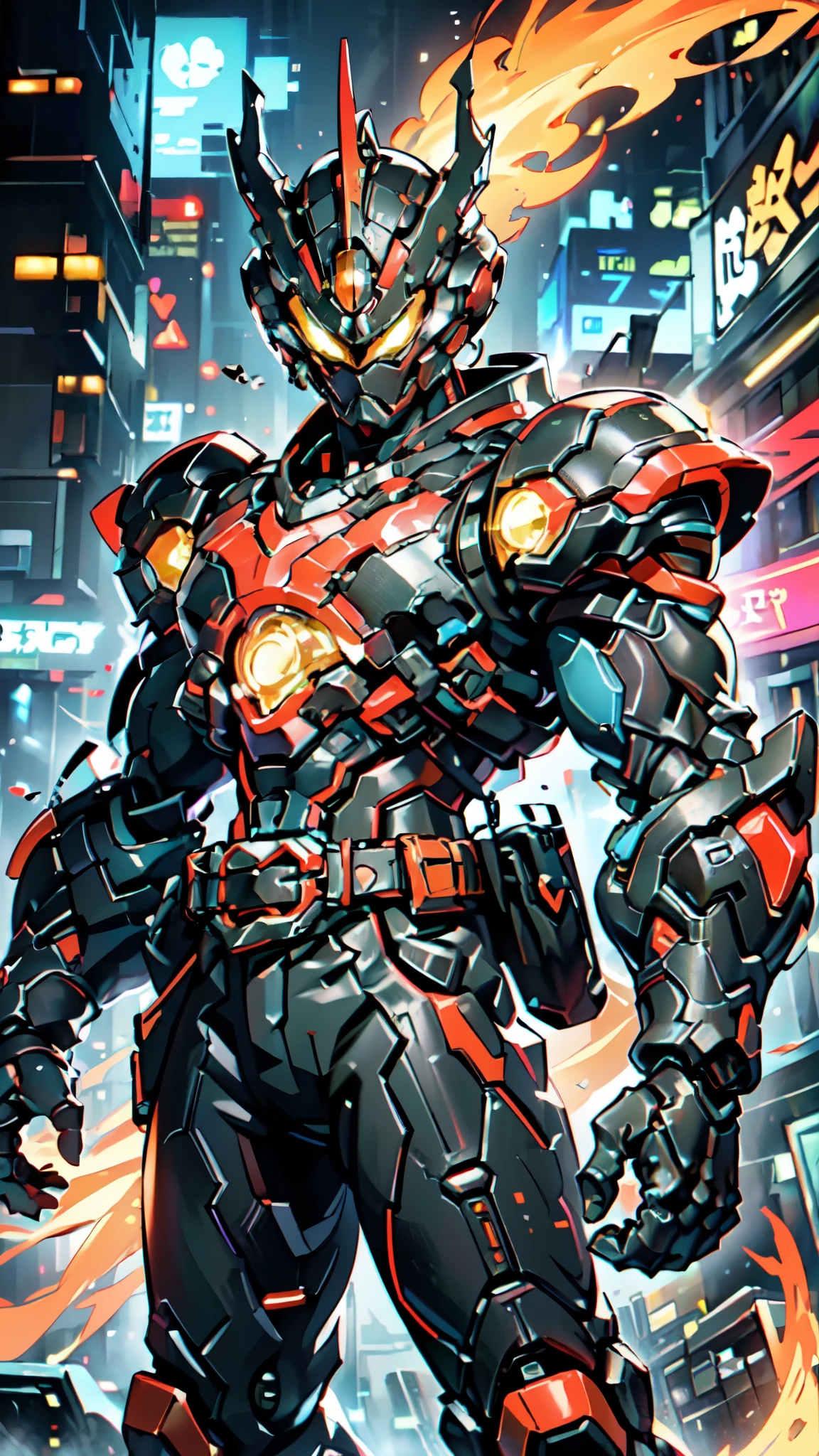 (masterpiece:1.5, best quality:1.5, extremely delicate:1.5, foreshortening:1.5, dynamic angle:1.5), a man wearing a full-face helmet, a fantasy-style biotech armored combat suit, green eyes, (a composite layered chest armor), fully enclosed shoulder guards, matching arm and leg guards, the belt is adorned with neon circuitry, (the color scheme is primarily white with red black accents), the design balances heavy with agility, a high-tech bio-mecha armor, (Armor Concept Inspired by neon Cyberpunk, stand on the top of a skyscraper in a futuristic sci-fi city), this character embodies a finely crafted fantasy-surreal style armored hero in anime style, exquisite and mature manga art style, (element, plasma, energy, the armor glows), ((male:1.5)), metallic, high definition, highres, ultra-detailed, ultra-fine painting, professional, perfect body proportions, golden ratio, anatomically correct, symmetrical face, extremely detailed eyes and face, high quality eyes, creativity, RAW photo, UHD, 32k, Natural light, cinematic lighting, masterpiece-anatomy-perfect