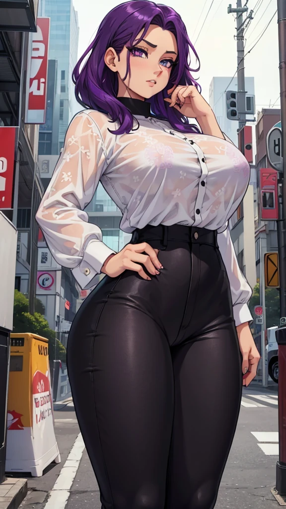 She sports striking purple hair that reaches her back. Her hazel eyes add warmth to her expression. She dresses in a modern outfit, with a printed white blouse and black pants that reflect her more relaxed but chic style. Busty, big hip, big legs, big ass