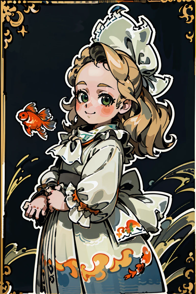 (Top quality、8K、32k、masterpiece、nffsw、Ultra-high resolution、Impressionism、Reality:1.2)、huge 、Cowboy shooting, Detailed face and eyes、Green Eyes, Blonde hair, forehead, (curls), Long hair, scarf, pearl, Beige dress, ((Lolita dress)), ((Goldfish motif)), Tape, bow, Ruffles, White Rose, ((Thick outline)), ((White outline)), (sketch), ((Dynamic Angle)), ((Change)), (), ((Solitary)), (canny smile), (skirt), (洛丽塔skirt), (复古skirt), (Ruffles), (米色Ruffles;;), (bow), (vertical stripes), ((Thick outline)), ((White outline))