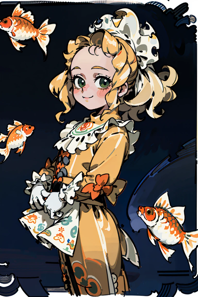 (Top quality、8K、32k、masterpiece、nffsw、Ultra-high resolution、Impressionism、Reality:1.2)、huge 、Cowboy shooting, Detailed face and eyes、Green Eyes, Blonde hair, forehead, (curls), Long hair, scarf, pearl, Beige dress, ((Lolita dress)), ((Goldfish motif)), Tape, bow, Ruffles, White Rose, ((Thick outline)), ((White outline)), (sketch), ((Dynamic Angle)), ((Change)), (child), ((Solitary)), (canny smile), (skirt), (洛丽塔skirt), (复古skirt), (Ruffles), (米色Ruffles;;), (bow), (vertical stripes), ((Thick outline)), ((White outline))