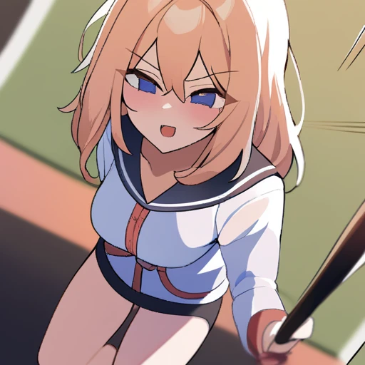 1girl, medium breasts,,
batting stance, baseball bat,  speed lines, motion blur, motion lines,
from above, feet out of frame, looking ahead, naughty, japanese arch, open mouth,
masterpiece, best quality, very aesthetic, absurdres
