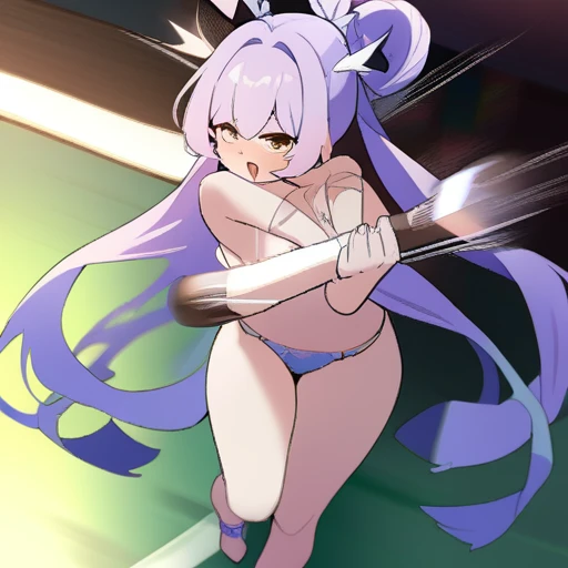 1girl, medium breasts,,
batting stance, baseball bat,  speed lines, motion blur, motion lines,
from above, feet out of frame, looking ahead, naughty, japanese arch, open mouth,
masterpiece, best quality, very aesthetic, absurdres