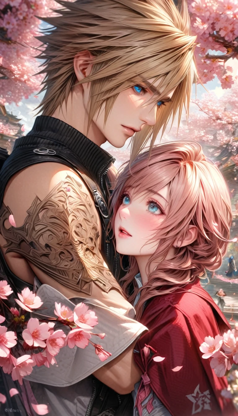 Ultra detailed, HDR, Highres, absurdres, master piece, Claire Farron, wavy pink short hair, expressive aqua pale eyes, Lightning Farron, Final Fantasy XIII, Cloud Strife, blonde hair, expressive blue eyes, Final Fantasy VII (Advent Children), a beautiful woman together with a handsome man, couple, love, fantasy, magical, white feathers, pink petals, best quality, white and black clothes with patterns, red cape, blossoms, pink flowers, cherry blossoms, realistic face