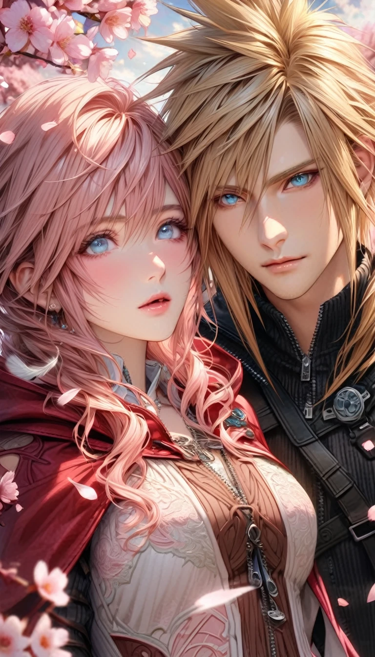 Ultra detailed, HDR, Highres, absurdres, master piece, Claire Farron, wavy pink short hair, expressive aqua pale eyes, Lightning Farron, Final Fantasy XIII, Cloud Strife, blonde hair, expressive blue eyes, Final Fantasy VII (Advent Children), a beautiful woman together with a handsome man, couple, love, fantasy, magical, white feathers, pink petals, best quality, white and black clothes with patterns, red cape, blossoms, pink flowers, cherry blossoms, realistic face