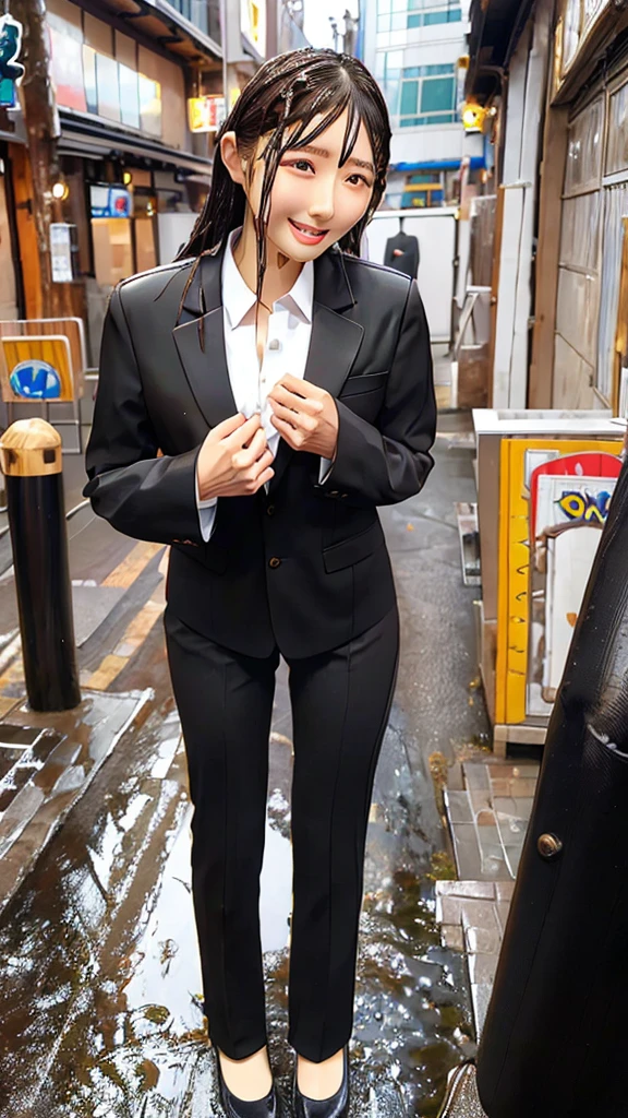 Highest,masterpiece,Highest品質,High resolution,high quality,Realistic,Medium Hair,Wet髪,Pants Style,High heels, Collared shirt,,Black jacket,suit:1.5,Wet,Sweat,orgasm,Fair skin,Oily skin,ID card,White chocolate:2.0,Embarrassed face:1.2,