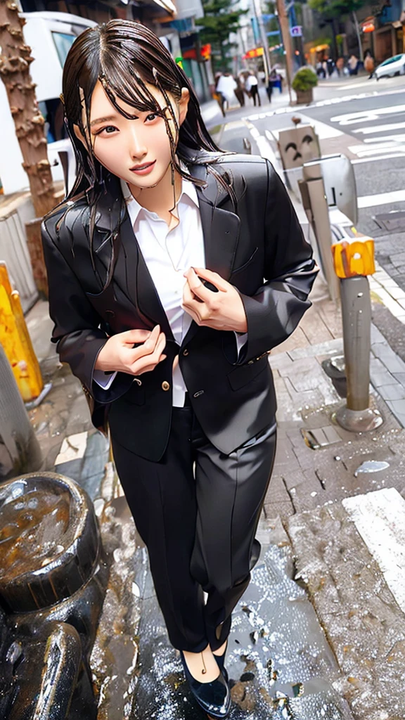 Highest,masterpiece,Highest品質,High resolution,high quality,Realistic,Medium Hair,Wet髪,Pants Style,High heels, Collared shirt,,Black jacket,suit:1.5,Wet,Sweat,orgasm,Fair skin,Oily skin,ID card,White chocolate:2.0,Embarrassed face:1.2,