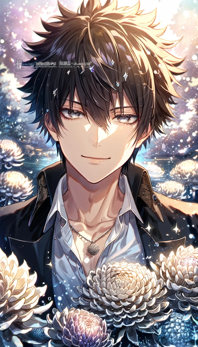 absurdres, highres, ultra detailed, HDR, master piece, best quality, extremely detailed, Kougami Shinya, black hair, expressive gray eyes, Psycho Pass, solo, sexy man, handsome, smile, black jacket, white shirt, fantasy, water, sparkling, silver glittering fireflies, silver moon, silver blossoms, silver chrysanthemums, silver sparkling lights, starry sky, magical