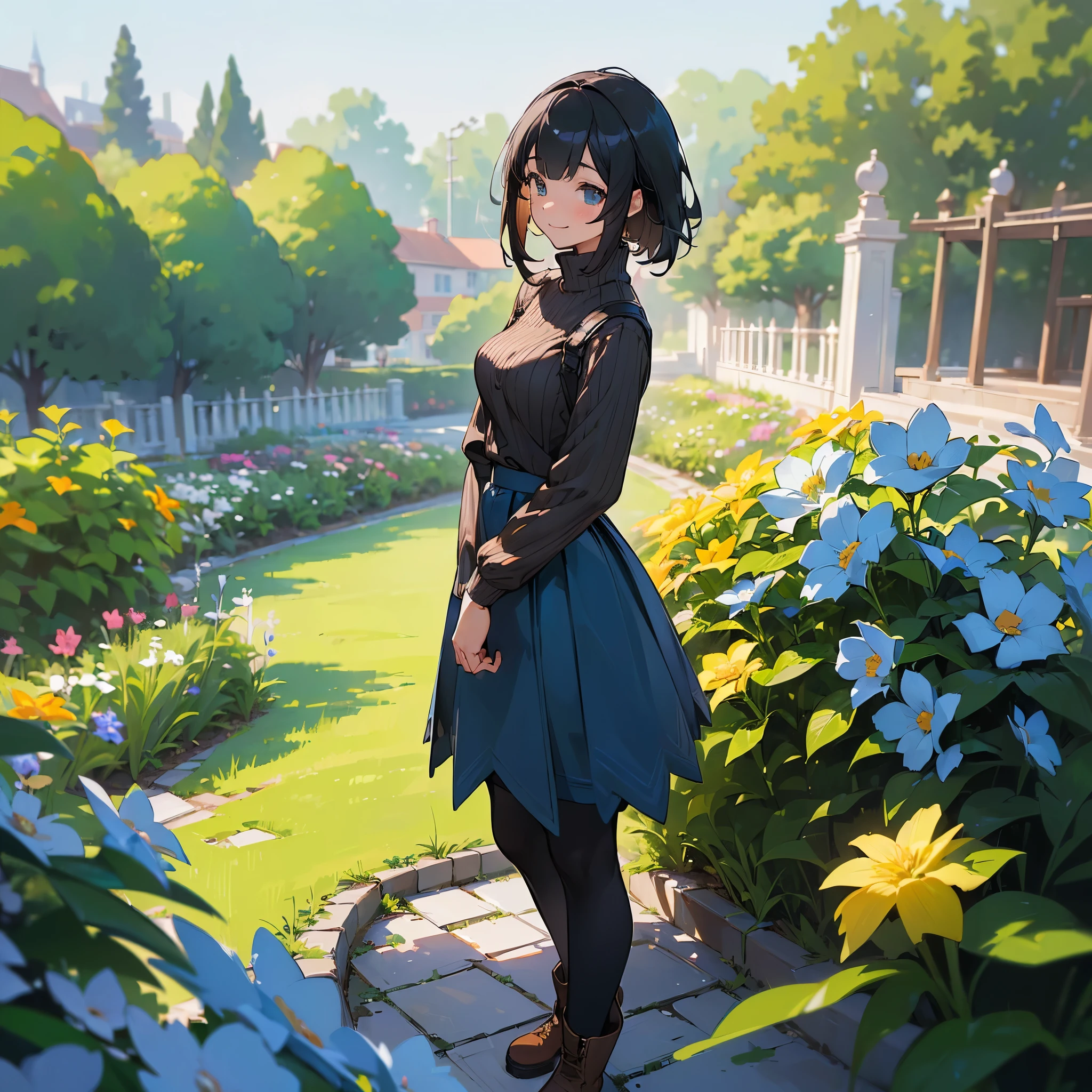 (high quality, High resolution, Very detailed, reality:1.37), Peaceful atmosphere, (Outdoor, garden), age girl standing alone, (my brea big.), Beautiful details, Cute Smile, (Black bob hair), Ribbed sweater, Blue Skirt, Black tights, Brown boots.