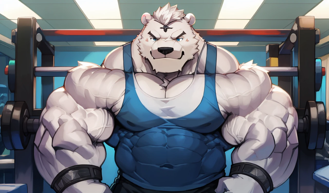 Brock Ólafsson The Huge Muscled Polar Bear, with White Hair, Blue Tank Top, Black Wristbands and Black Gym Shorts, Flexing His Thorax.