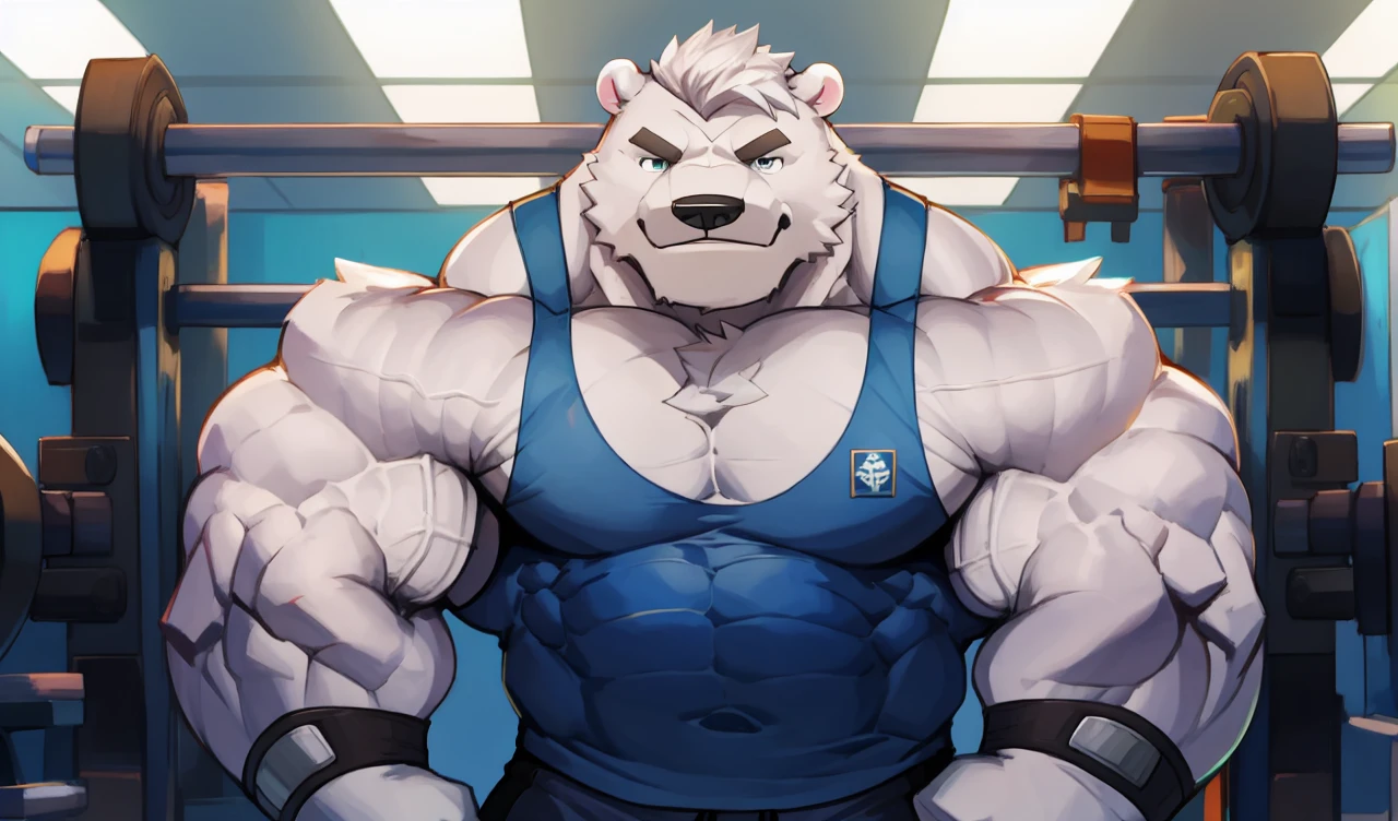 Brock Ólafsson The Huge Muscled Polar Bear, with White Hair, Blue Tank Top, Black Wristbands and Black Gym Shorts, Flexing His Thorax.