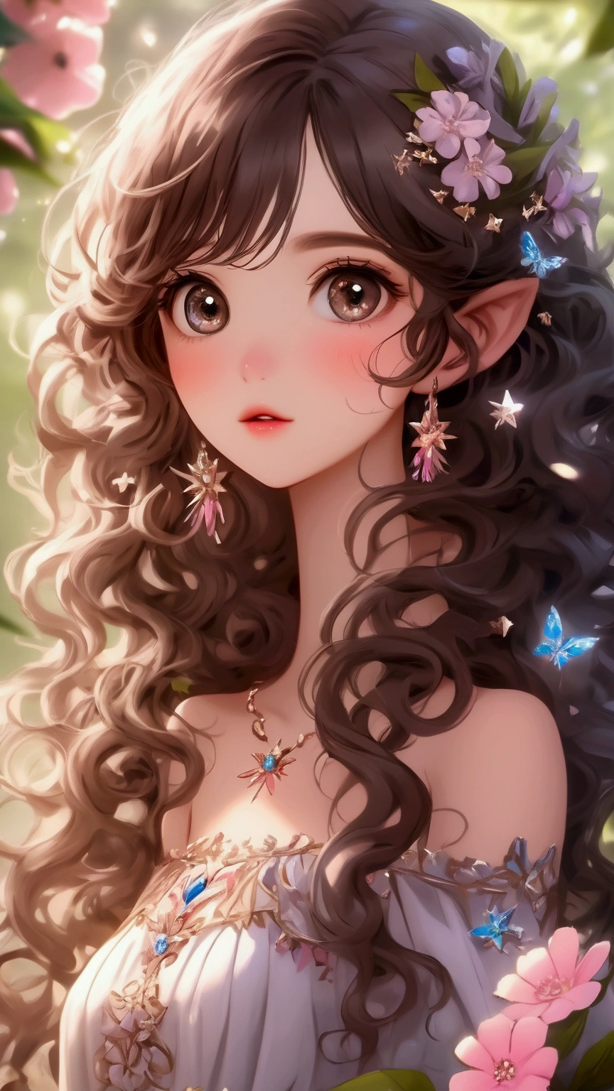 (best quality,8K,CG),detailed upper body, girl,floral forest background,complex facial features,elegant long curly hair,almond-shaped big eyes,detailed eye makeup,long eyelashes,twinkling stars,exquisite lip details,soft and harmonious style.