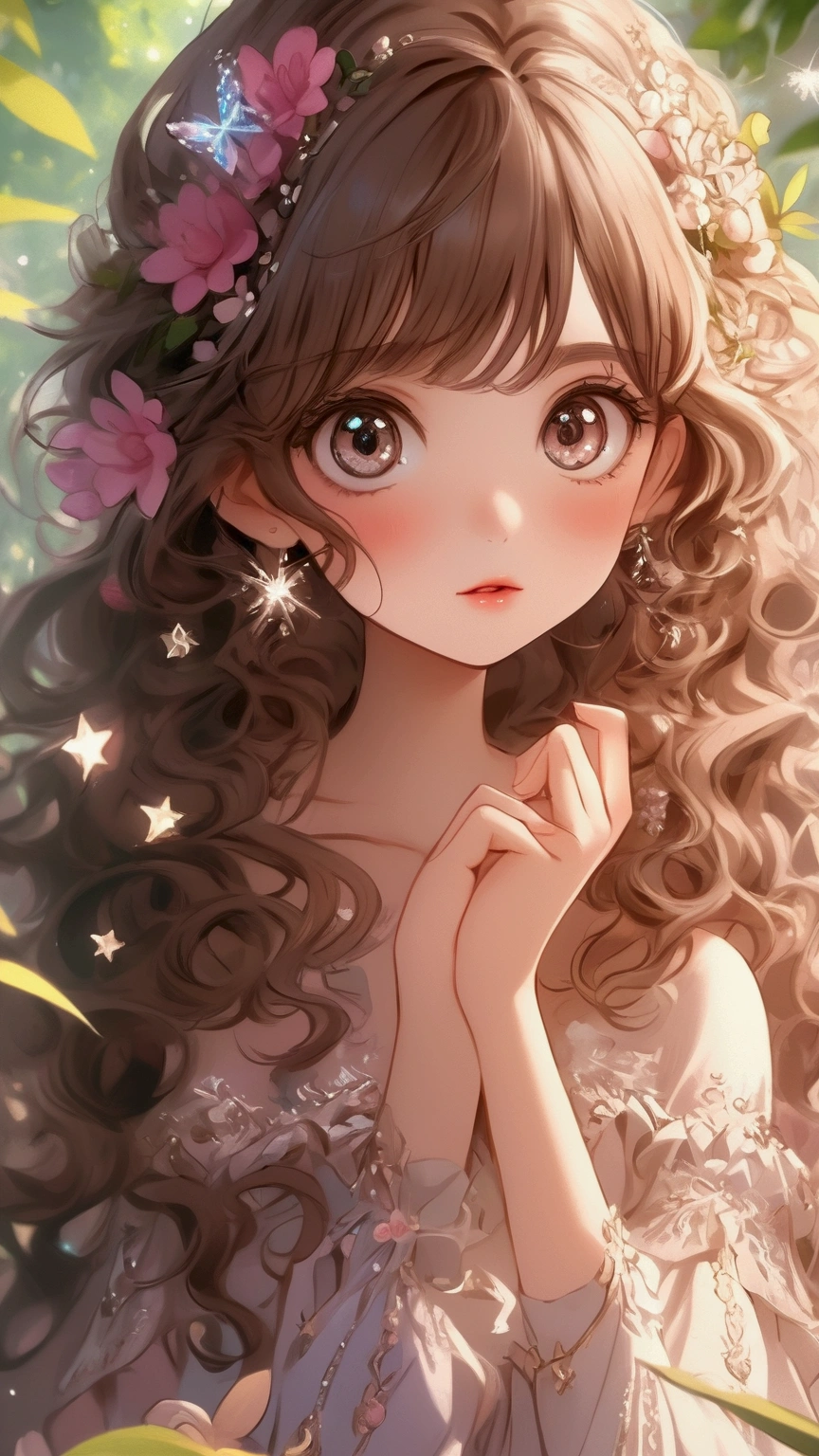 (best quality,8K,CG),detailed upper body, girl,floral forest background,complex facial features,elegant long curly hair,almond-shaped big eyes,detailed eye makeup,long eyelashes,twinkling stars,exquisite lip details,soft and harmonious style.