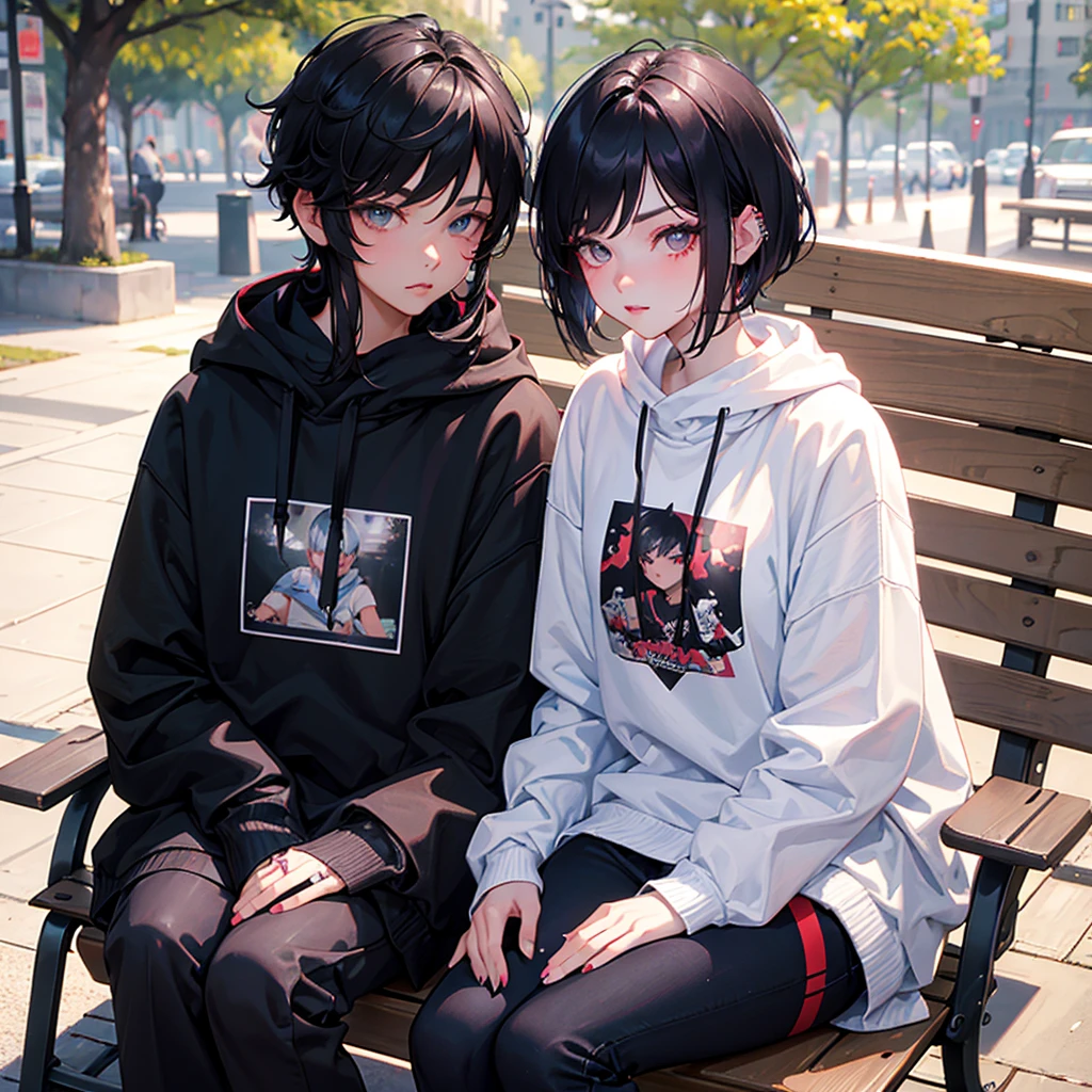 shorth hair, pixie cut, reddish eyes, Bblack hair, best qualityer, 8K, looking at the observer, medium locks, Kizi, long eyelash, white eyelash, cheek piercing, mouth piercing, black sweatshirt, sitting on a park bench.
