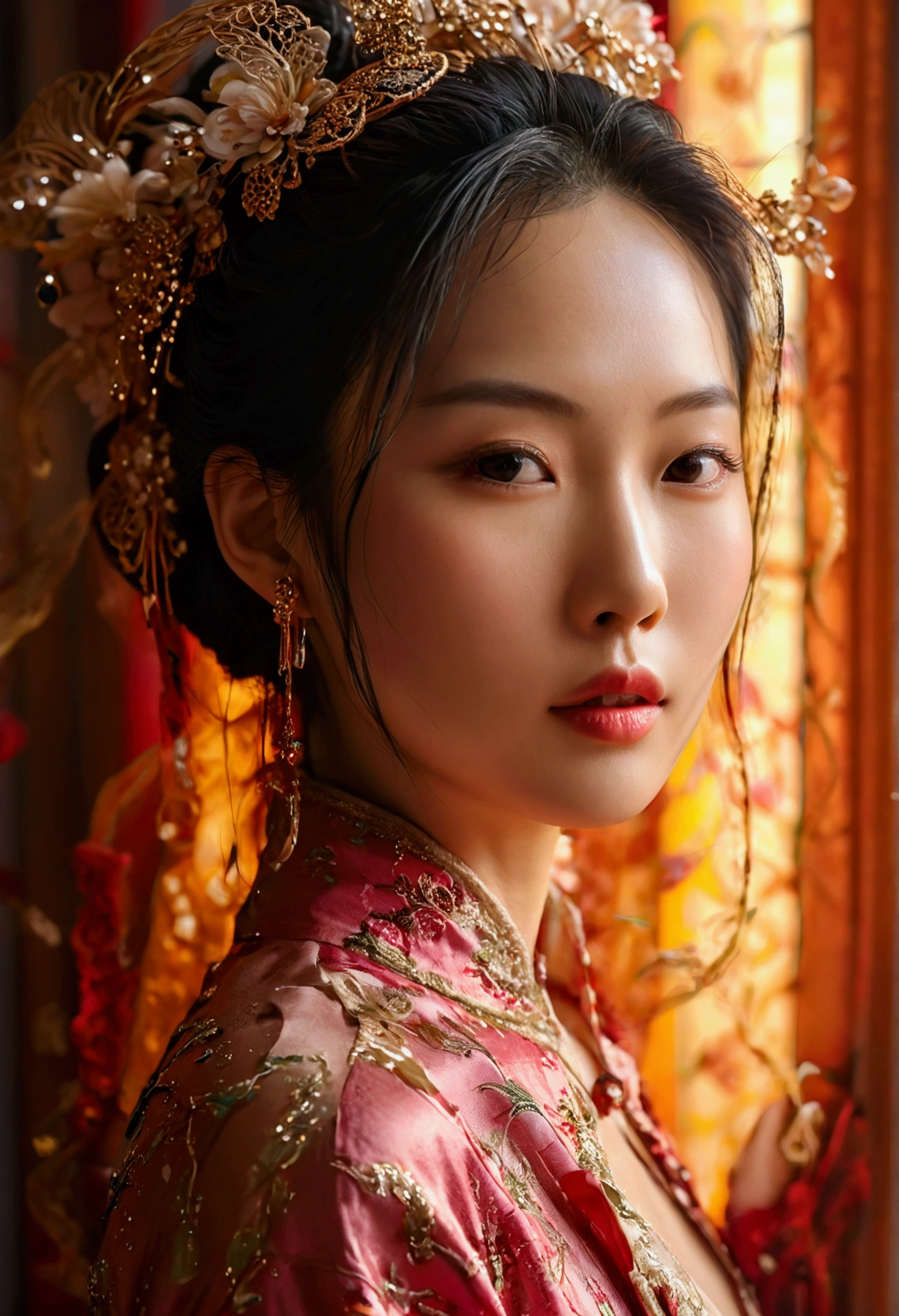 a beautiful young chinese woman in her 30s, a handsome chinese man in his 45s, intimate romantic scene, high quality, 8k, photorealistic, detailed facial features, detailed clothing, bedroom interior, soft lighting, passionate embrace, sensual poses, warm color tones