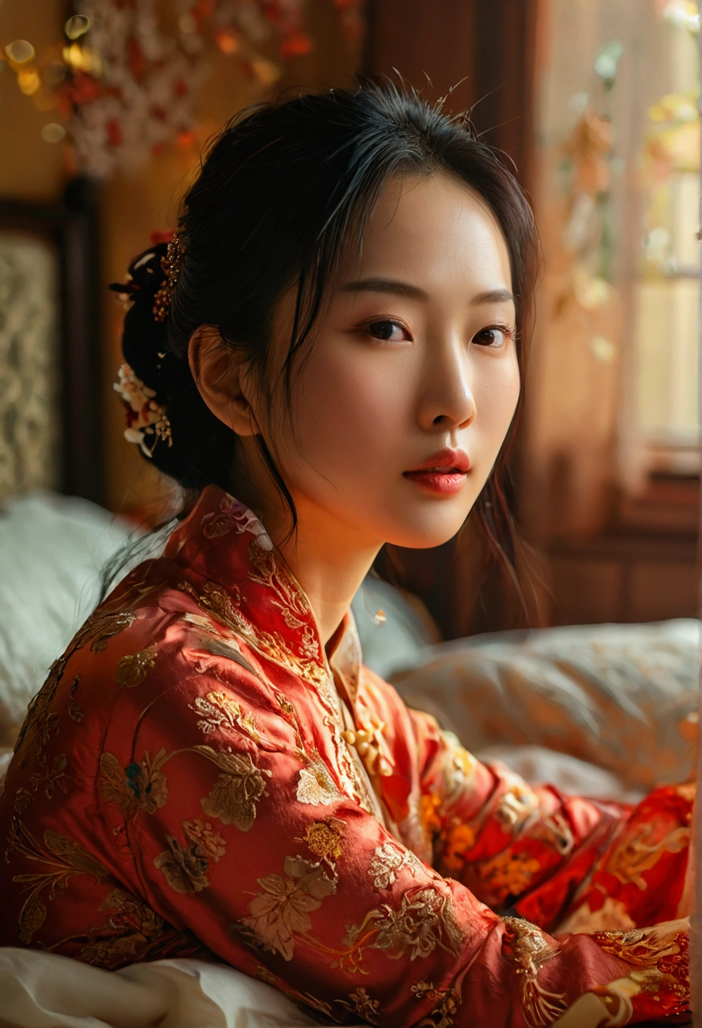 a beautiful young chinese woman in her 30s, a handsome chinese man in his 45s, intimate romantic scene, high quality, 8k, photorealistic, detailed facial features, detailed clothing, bedroom interior, soft lighting, passionate embrace, sensual poses, warm color tones