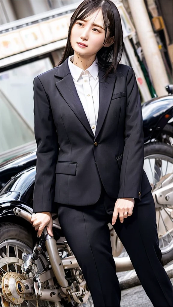 Highest,masterpiece,Highest品質,High resolution,high quality,Realistic,Medium Hair,Wet髪,Pants Style,High heels, Collared shirt,,Black jacket,suit:1.5,Wet,Sweat,Fair skin,ID card,White chocolate:2.0,Embarrassed face:1.2,