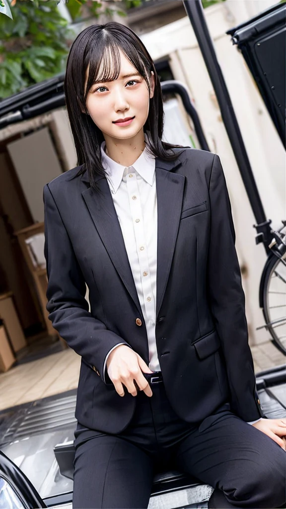 Highest,masterpiece,Highest品質,High resolution,high quality,Realistic,Medium Hair,Wet髪,Pants Style,High heels, Collared shirt,,Black jacket,suit:1.5,Wet,Sweat,Fair skin,ID card,White chocolate:2.0,Embarrassed face:1.2,