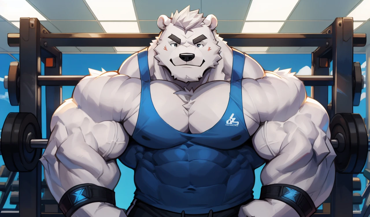 Brock Ólafsson The Huge Muscled Polar Bear, with White Hair, Blue Tank Top, Black Wristbands and Black Gym Shorts, Flexing His Thorax.