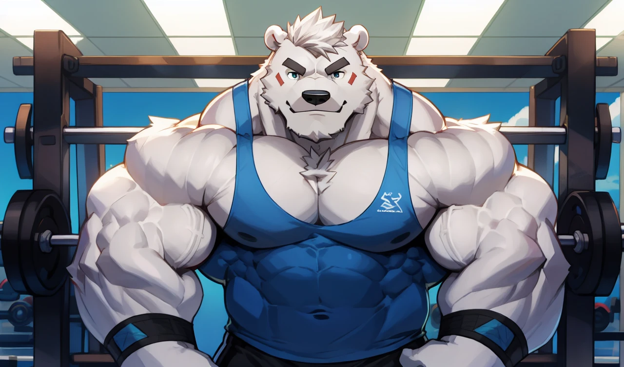 Brock Ólafsson The Huge Muscled Polar Bear, with White Hair, Blue Tank Top, Black Wristbands and Black Gym Shorts, Flexing His Thorax.