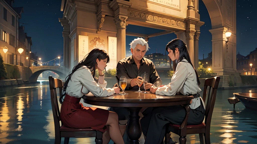 ((best quality)), ((work of art)), ((detailed)), 3 friends, one man and two women, sitting at a large table, facing the river, at night
