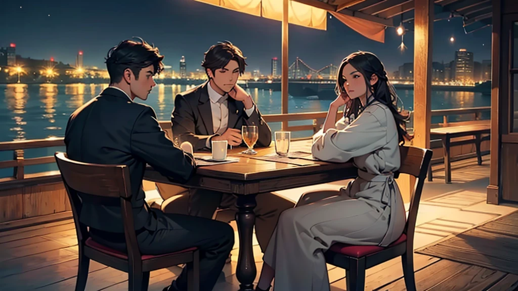 ((best quality)), ((work of art)), ((detailed)), 3 friends, one man and two women, sitting at a large table, facing the river, at night
