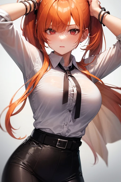 A girl with a white shirt that is too tight for her body, the buttons on the shirt are almost coming off, a black skirt and a belt. She has orange hair and her hand covering her breasts