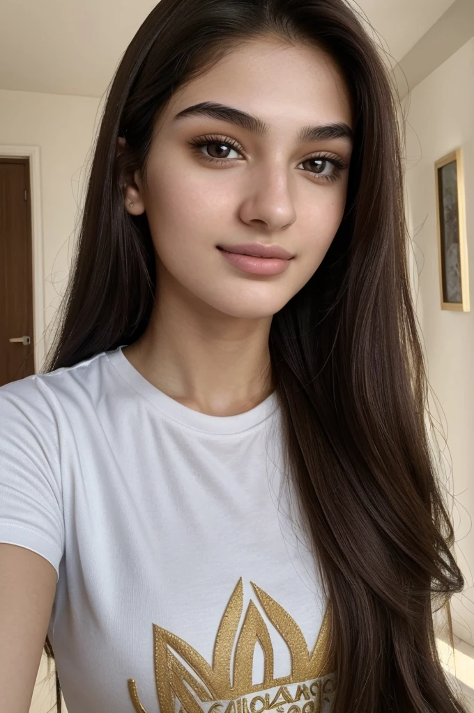 ((best quality)), ((masterpiece)), (detailed), perfect face ((Front facing camera selfie)), 18 yo girl named Zahra Amiri, (straight nose), (prominent nose bridge), (female face golden ratios), long dense dark brown hair, (pale skin:1.25), (hazel eyes), thin eyebrows, high cheekbones, beautiful plump lips, big natural breasts, wearing tshirt, apartment background, smirk