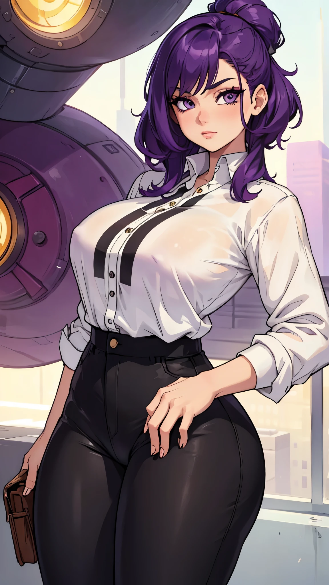 She sports striking purple hair that reaches her back.  Her hazel eyes add warmth to her expression.  She dresses in a modern outfit, with a printed white blouse and black pants that reflect her more relaxed but chic style. Busty, big hip, big legs, big ass