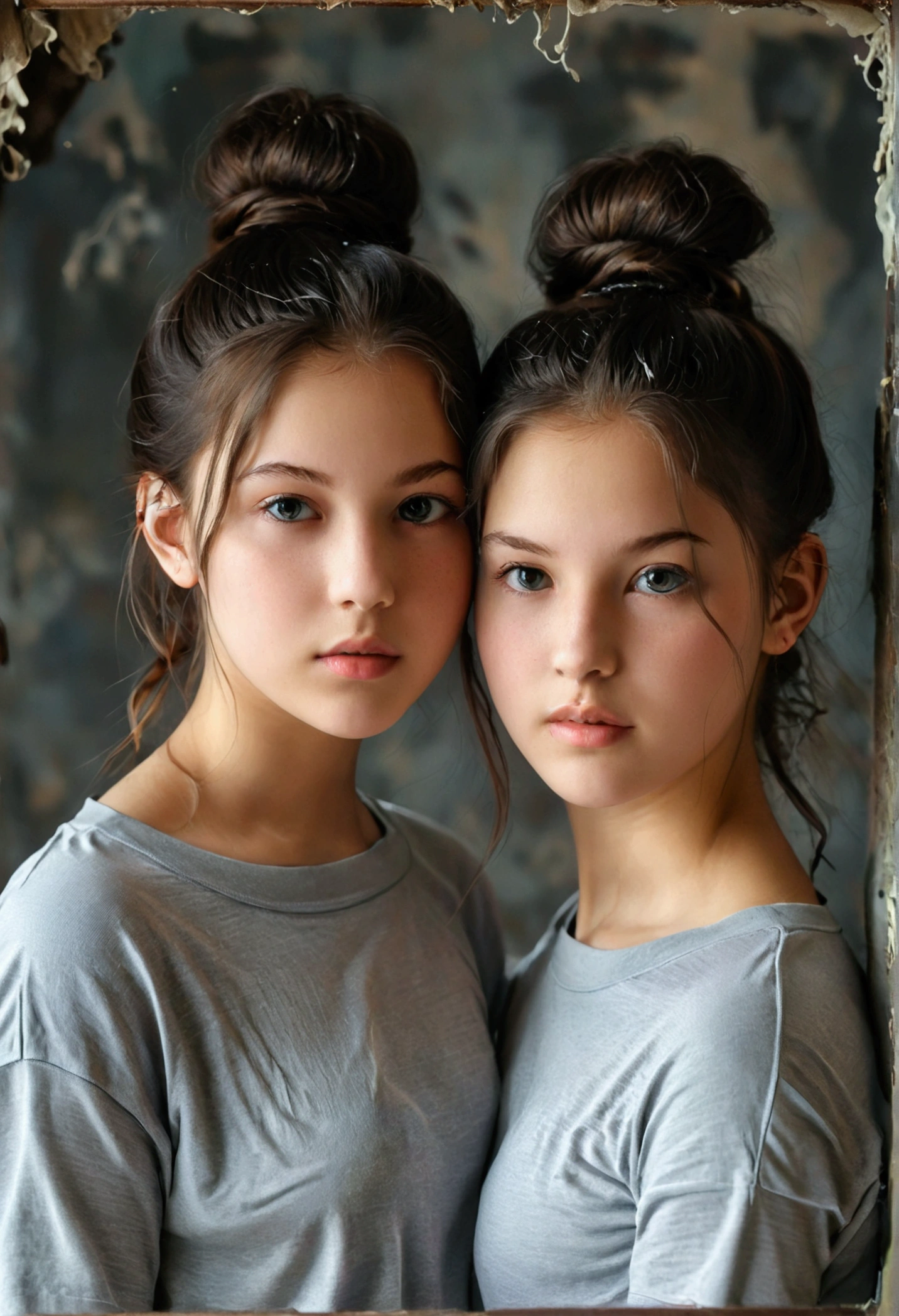 fine art portrait of twins young 18 year old girls posing together together with big breasts, long ponytail, Ponytail hair, Black hair back, no clothing, without pantyhose, gray school t-shirt for girls without neckline, they're beautiful, large vagina visible detailed