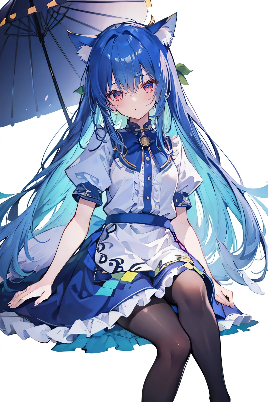 (masterpiece:1.2),Super detailed,lifelike,Expressive eyes,fair skin,perfect face shape,1 girl,
Japanese comics,Gorgeous blue hair,flowing blue hair,flowing clothes,Cat ears,Petals fall,beautiful lola,Baby Angel,
,Cross your legs,Gentle and peaceful background,The pavilion is cool and comfortable, ((masterpiece:1.4,最high quality)),(Super detailed),Official Art,Unity 8k Wallpaper,Super detailed,Beautiful appearance,high quality,Cute,masterpiece,最high quality,(flat chest),Human body,a character portrait,Standing,long suspender skirt,Yuri,(Black tights),There is a halo on the head