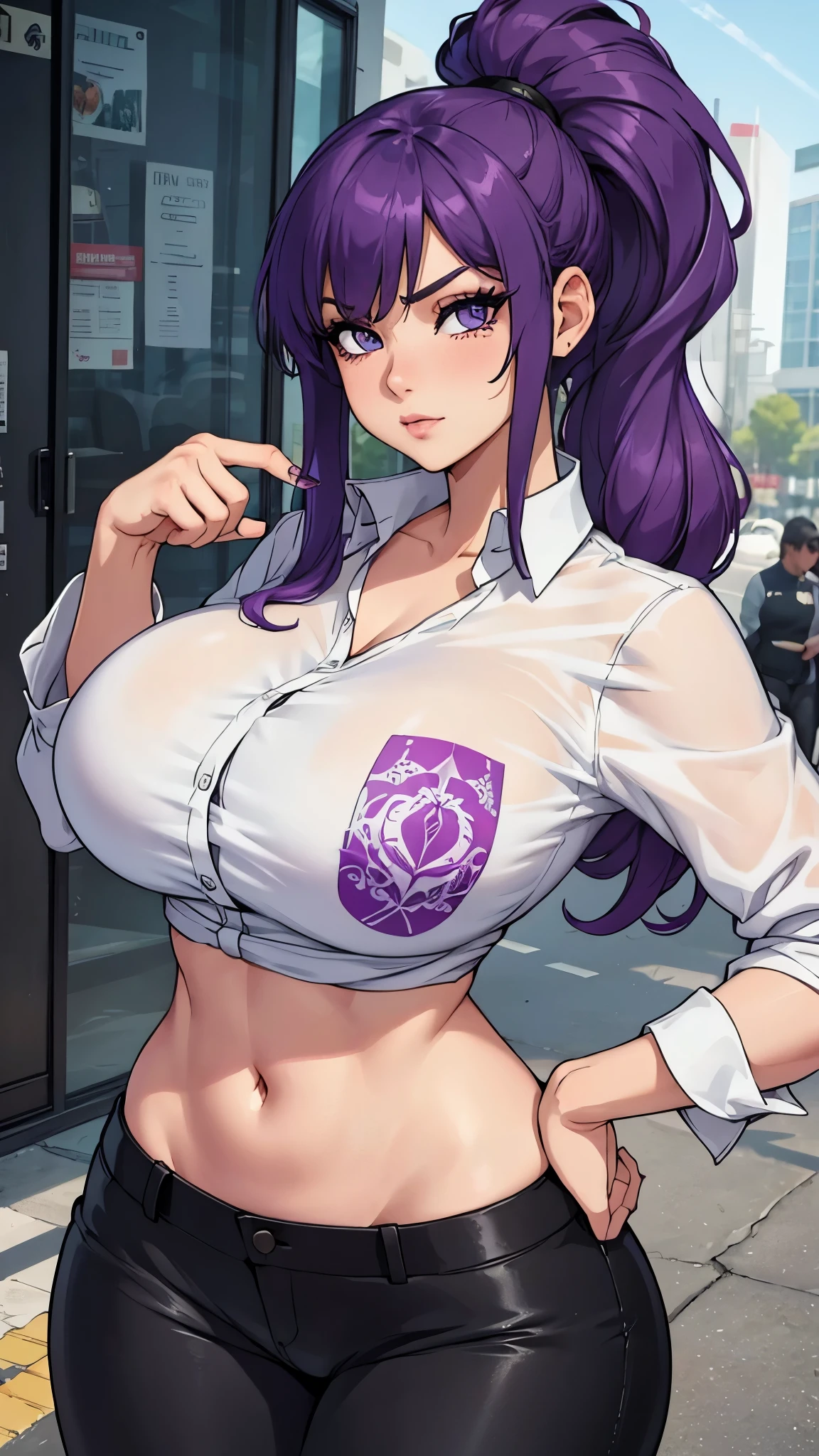 She sports striking purple hair that reaches her back.  Her hazel eyes add warmth to her expression.  She dresses in a modern outfit, with a printed white blouse and black pants that reflect her more relaxed but chic style. Busty, big hip, big legs, big ass