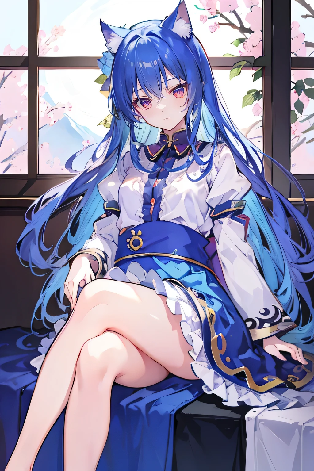 （masterpiece：1.2），Super detailed，lifelike，Expressive eyes，fair skin，perfect face shape，1 girl，
Japanese comics,Gorgeous blue hair,flowing blue hair,flowing clothes,Cat ears,Petals fall,beautiful lola,Baby Angel,
，Cross your legs，Gentle and peaceful background，The pavilion is cool and comfortable, 