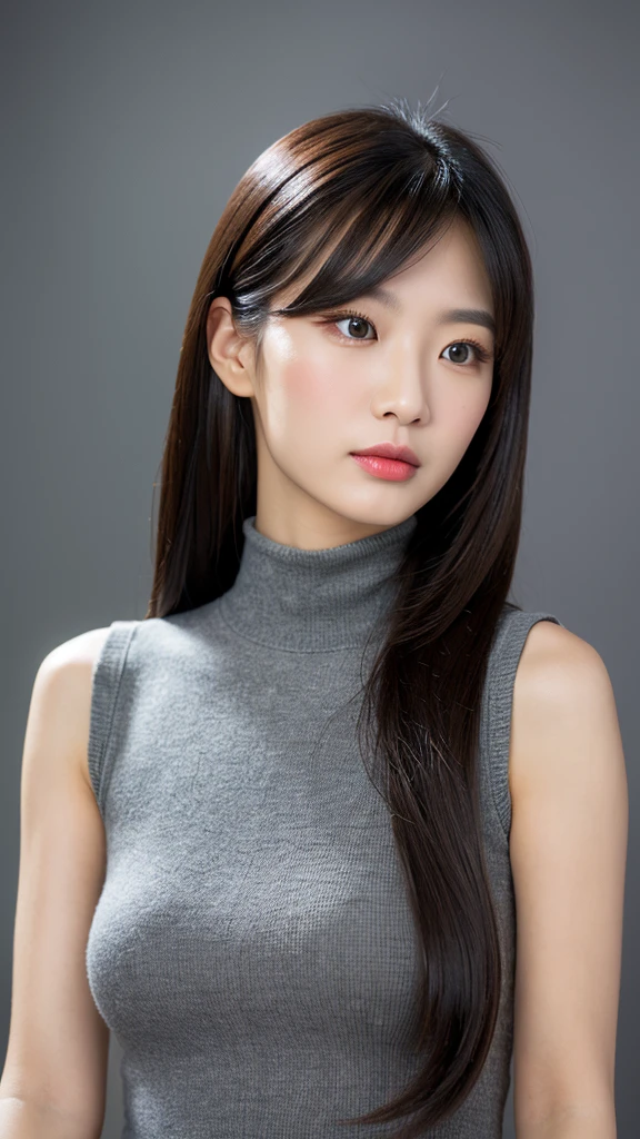 vivid,Normal chest,((between legs)),cute,(Detailed face),Sharp Eyes,Turtleneck Sleeveless Vinyl,Ultra-high resolution,(Photorealistic:1.7),Black long hair,Gray background,