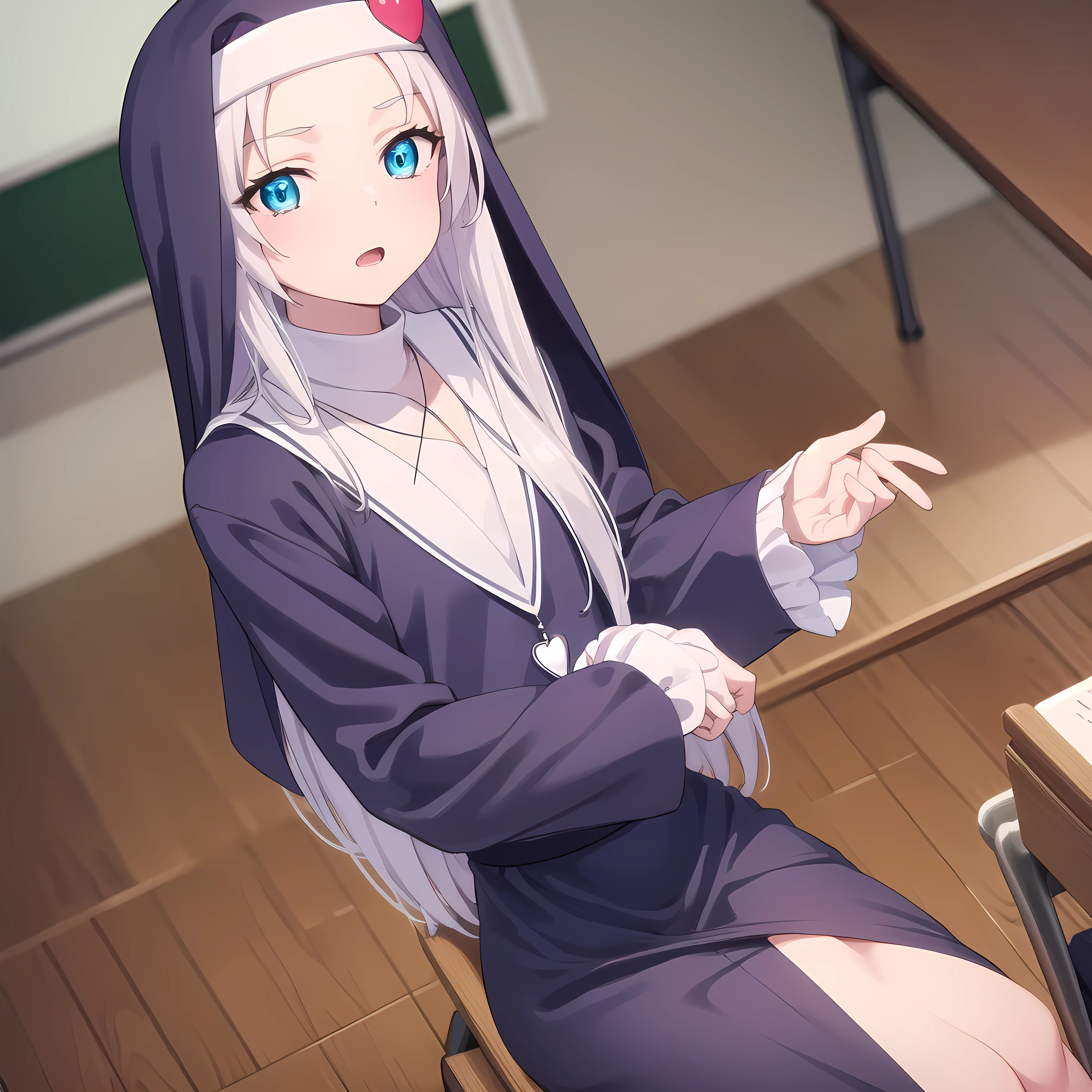 masterpiece,best quality,highly detailed,1girl,solo,worried,concentrating,v-shaped eyebrows,wince,sweat,sweatdrop,blush, mariatakayama, maria takayama, long hair, blue eyes, fang, aqua eyes, BREAK jewelry, heart, necklace, nun, habit, white short skirt BREAK indoors, classroom, BREAK shibari,bdsm,(((shibari over clothes,rope,bound,restrained,bound to a chair))),chair, tape, tapegag, tape on the mouth, gagged, tied, tied up, tied to a chair, bound to a chair, hands behind back, tied ankles (masterpiece:1.2), best quality, high resolution, unity 8k wallpaper, (illustration:0.8), (beautiful detailed eyes:1.6), extremely detailed face, perfect lighting, extremely detailed CG, (perfect hands, perfect anatomy),