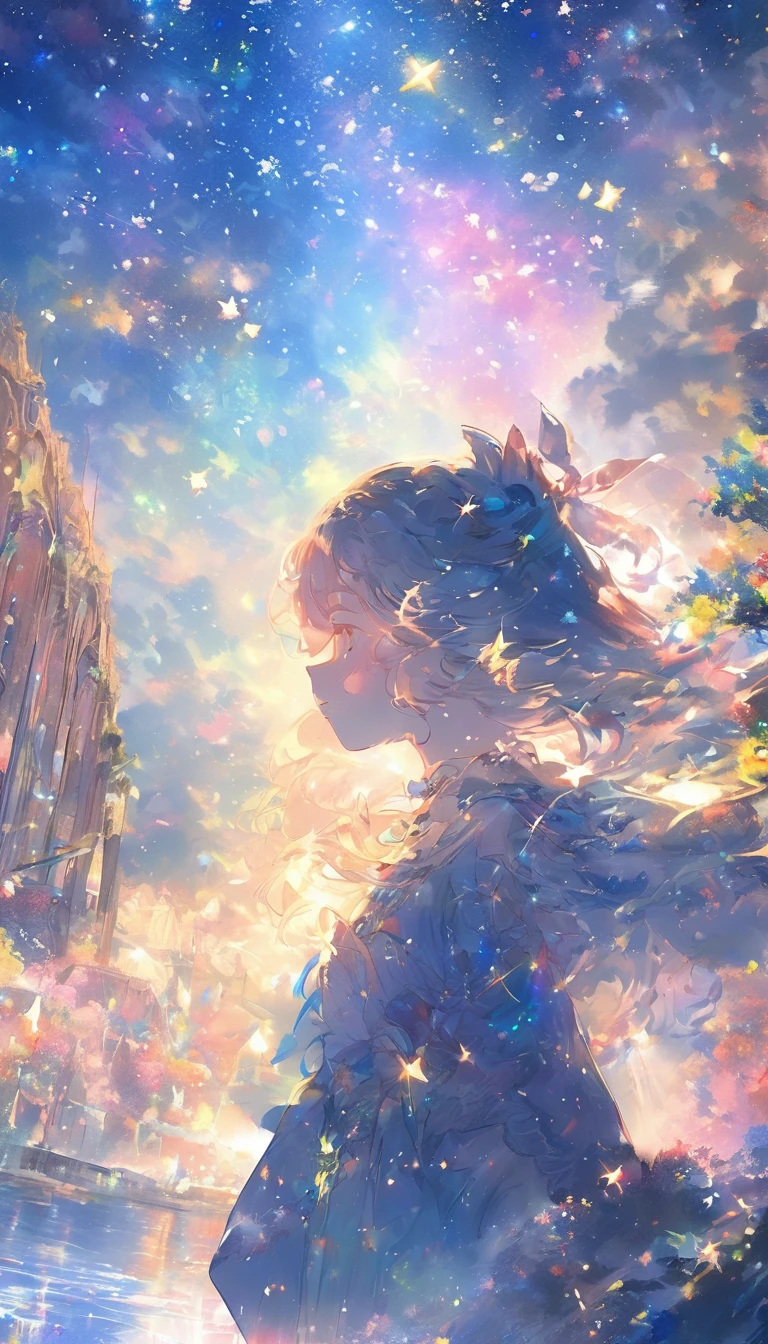 Close-up girl looking up、Crying girl、Girl in Profile、The colorful Metropolitan Museum of Art in the background、Painting of a river with stars and moon in a rainbow sky、Met、輝くskyscraper、Shine overall、skyscraper、Concept art inspired by Tosa Mitsuoki、pixiv contest winners、Highest quality、Fantasy art、Beautiful anime scene、Bright Moon、Moonlight Star Environment、Dream painting、Anime Background Art、Fantasy Landscape Painting、Fantasy Knight、Anime Background、Background artwork、Great art、Atmospheric anime、Starry Sky、details enhanced。Fantasy