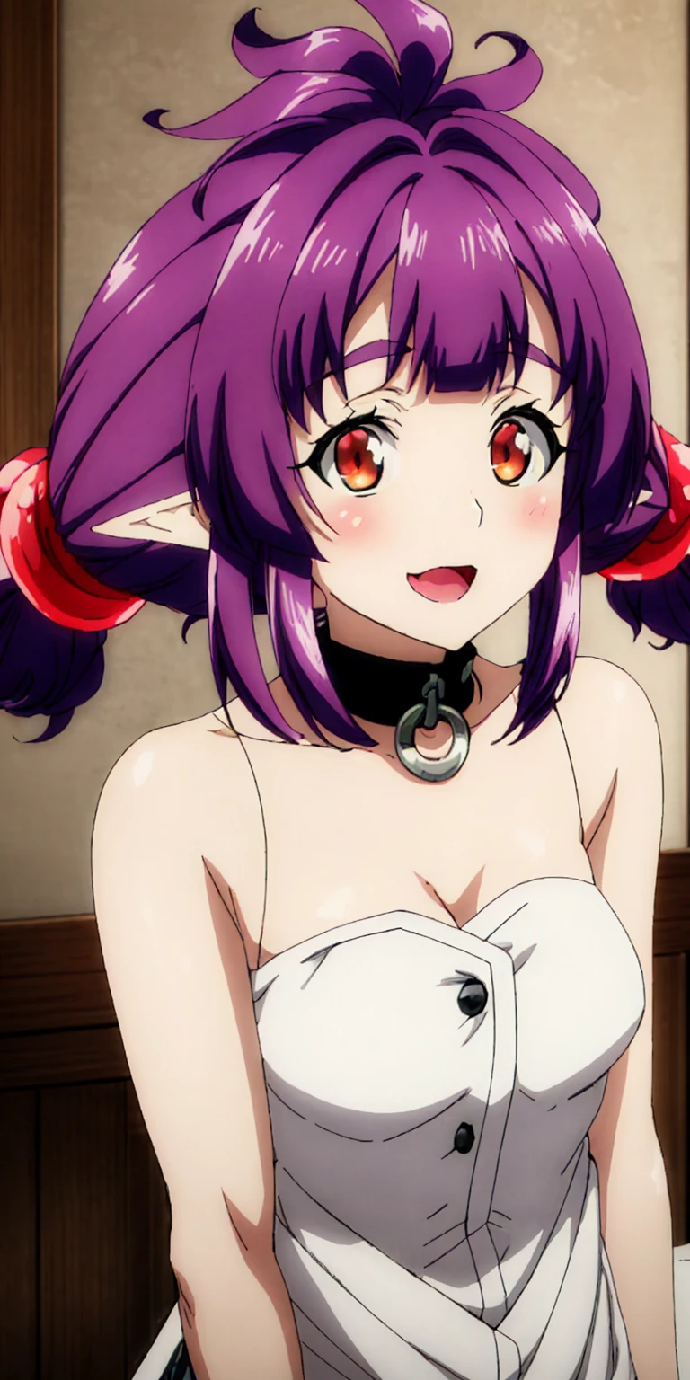 (short:1.4), ((sherry:1.6)), official anime artwork, official artwork, anime moe artstyle, dreamy psychedelic anime, anime wallaper, anime visual of a cute girl, official art, fanart, masterpiece, best quality, high resolution, 8K, 4K, looking at viewer, smile edgYSD, collar, (purple hair:1.4), multiple ahoge, (dark red-gold eyes:1.2), gold eye accent, (hair_ornament:1.4), twin-tails, hair_tie, 1 girl, young female, beautiful nose, beautiful character design, perfect eyes, perfect face, expressive eyes, perfect lighting, shiny skin, nsfw, flushed skin, blushing face, lewd smile, slightly open mouth, gravure, pinup, long thin pointy ears, japanese skin, (solid colors:1.4), lidded eyes, dark red-gold eyes, (sherry)