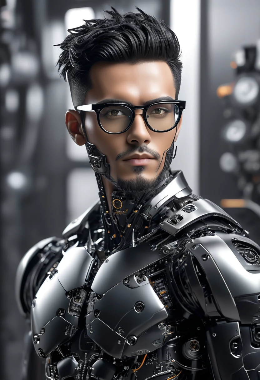 Male robot body hair with black-rimmed glasses with undercut hair, Look to the camera ::futuristic cyberpunk style ,realistic styling ::n_digital painting style, robotic parts, face perfect::seed 1、Black Edged Hair、large nose、Black-based clothing, photo by full body, White background