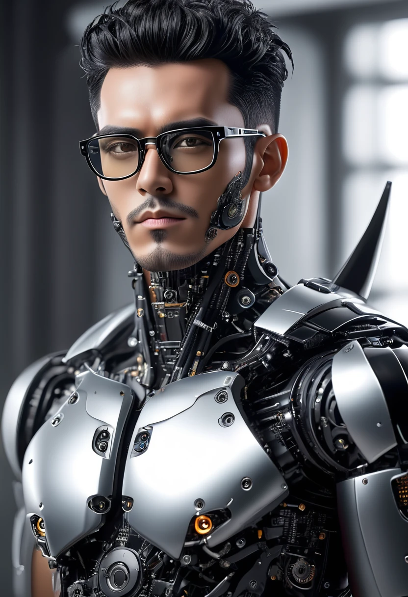 Male robot body hair with black-rimmed glasses with undercut hair, Look to the camera ::futuristic cyberpunk style ,realistic styling ::n_digital painting style, robotic parts, face perfect::seed 1、Black Edged Hair、large nose、Black-based clothing, photo by full body, White background
